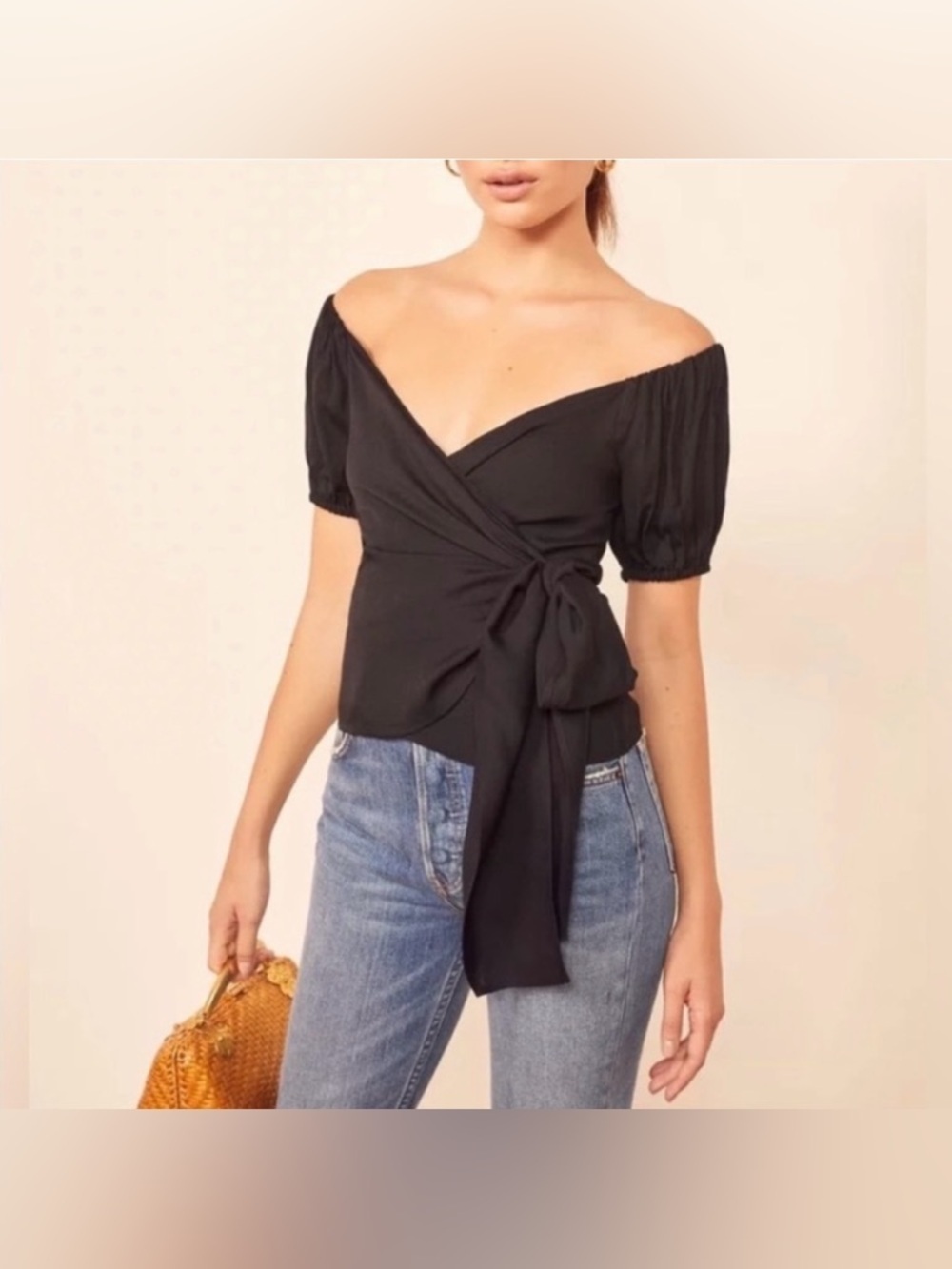 Reformation Lores Off The Shoulder Puff Sleeve Wrap Top in Black Women’s XS $148